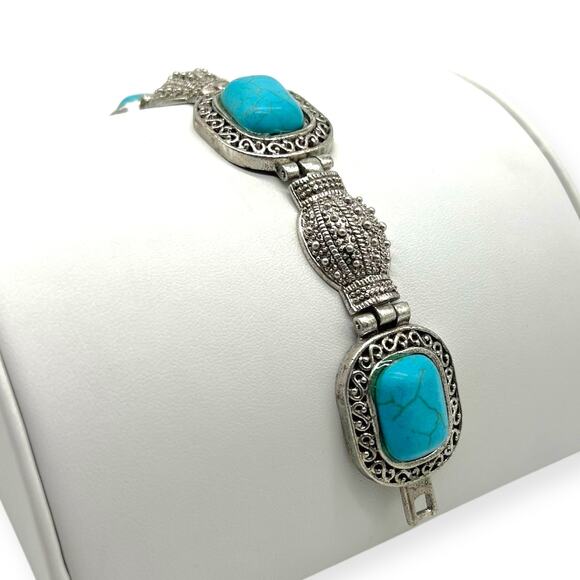 Vintage Balinese Bracelet Turquoise Blue Silver Square Shape Precious Howlite - Picture 10 of 13